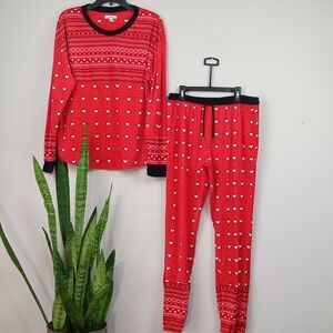 Kensie Women's Red Heart Long Sleeve Valour Drawstring Pajama Set sz L